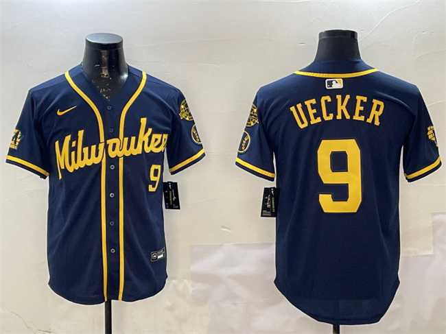 Men%27s Milwaukee Brewers #9 Bob Uecker Navy With Home Patch Limited Stitched Jersey->milwaukee brewers->MLB Jersey
